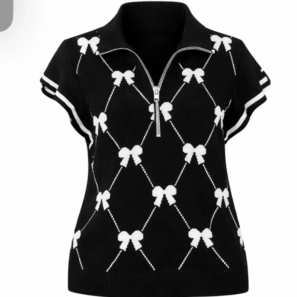 S113 Bow Print Ruffle Cap Sleeve Soft Zip Mock Neck Convertible Lapel Sweater - Picture 1 of 6